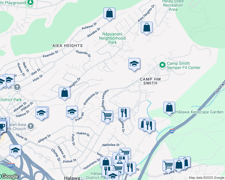 map of restaurants, bars, coffee shops, grocery stores, and more near 99-1037 Halawa Heights Road in Aiea