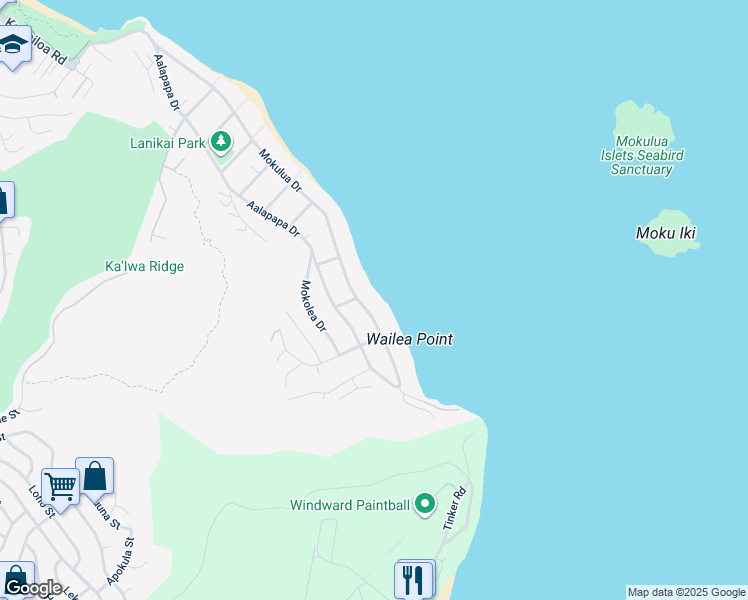 map of restaurants, bars, coffee shops, grocery stores, and more near 1354 Mokulua Drive in Kailua