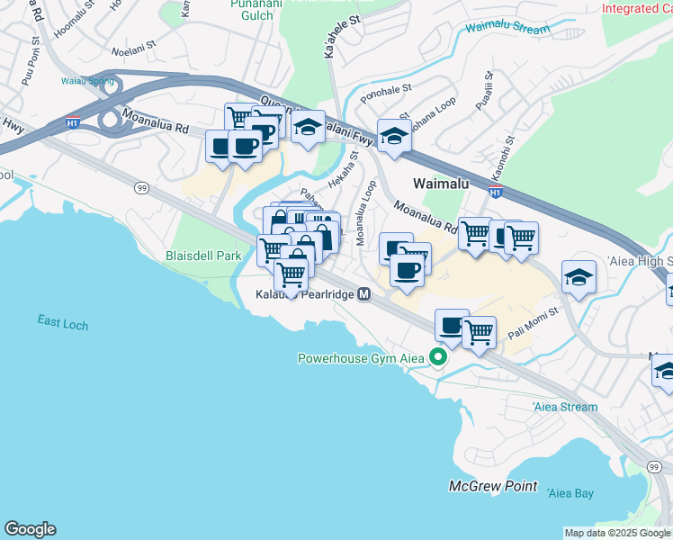 map of restaurants, bars, coffee shops, grocery stores, and more near 98-83 Kanuku Place in Aiea