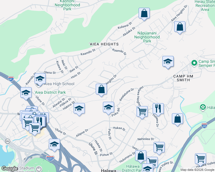 map of restaurants, bars, coffee shops, grocery stores, and more near 99-714 Aiea Heights Drive in Aiea