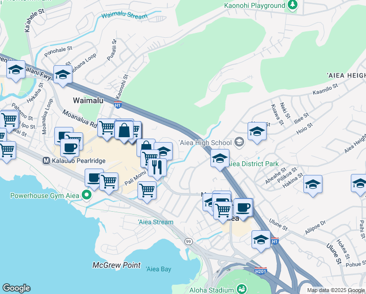 map of restaurants, bars, coffee shops, grocery stores, and more near 98-500 Koauka Loop in Aiea