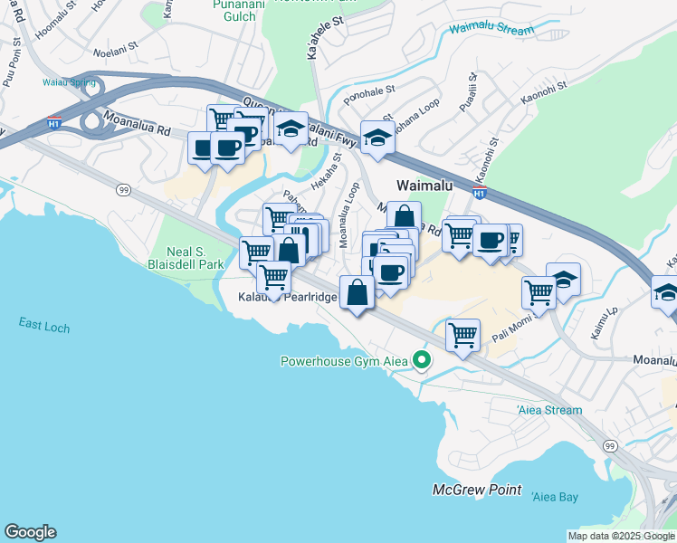 map of restaurants, bars, coffee shops, grocery stores, and more near 98750 Moanalua Loop in Aiea