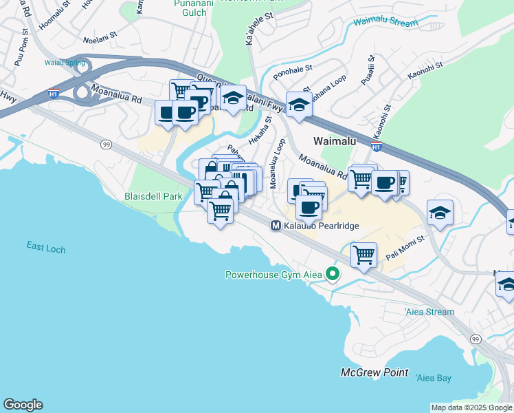 map of restaurants, bars, coffee shops, grocery stores, and more near 98-73 Lokowai Street in Aiea