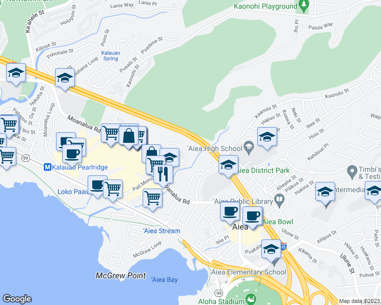 map of restaurants, bars, coffee shops, grocery stores, and more near 98-500 Koauka Loop in Aiea
