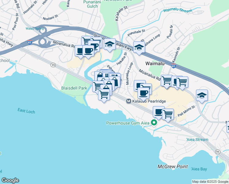 map of restaurants, bars, coffee shops, grocery stores, and more near 98-73 Lokowai Street in Aiea