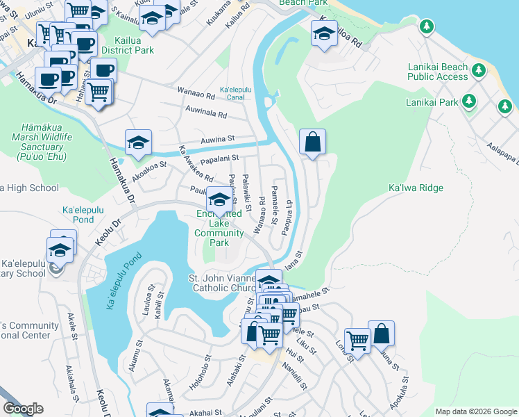 map of restaurants, bars, coffee shops, grocery stores, and more near 615 Wanaao Road in Kailua