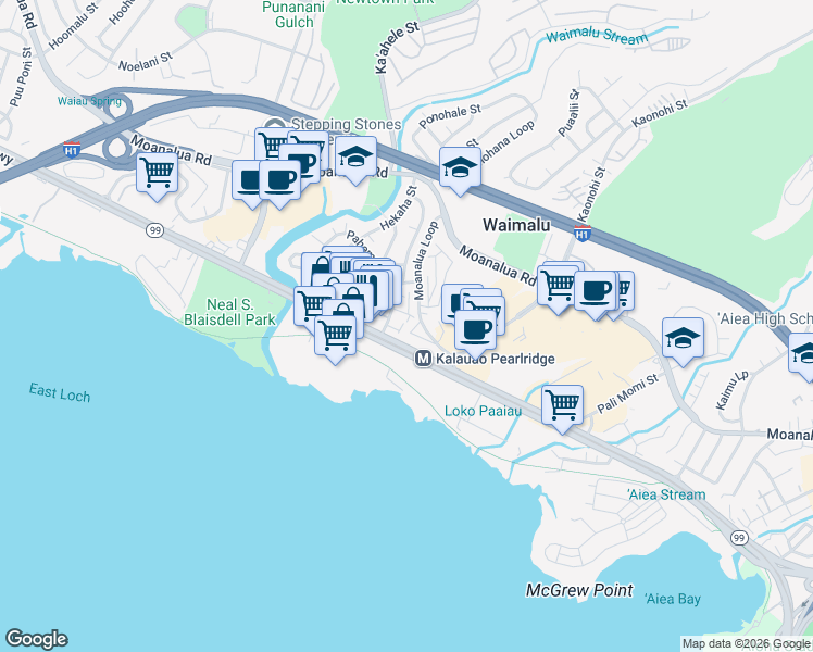 map of restaurants, bars, coffee shops, grocery stores, and more near 98-73 Lokowai Street in Aiea