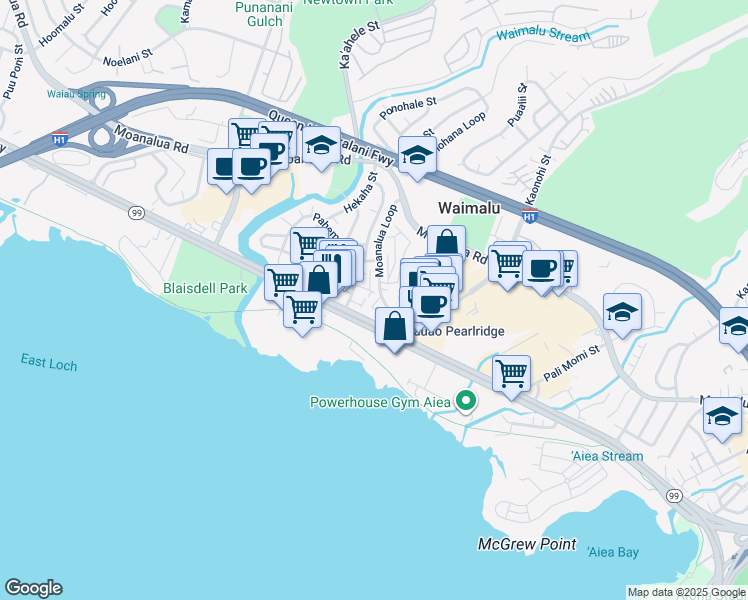 map of restaurants, bars, coffee shops, grocery stores, and more near 98750 Moanalua Loop in Aiea