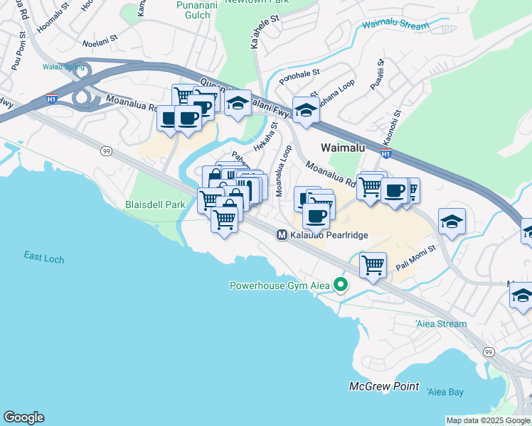 map of restaurants, bars, coffee shops, grocery stores, and more near 98-73 Lokowai Street in Aiea