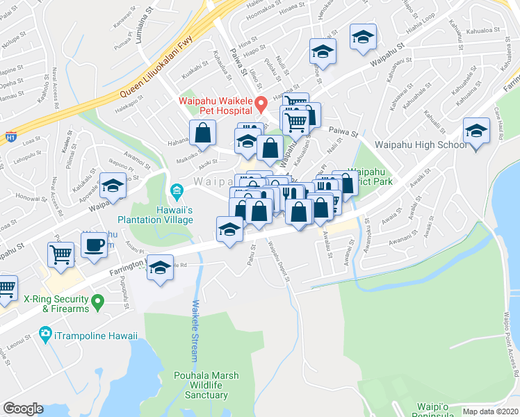 map of restaurants, bars, coffee shops, grocery stores, and more near 94-867 Waipahu Street in Waipahu