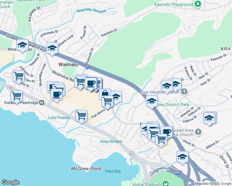 map of restaurants, bars, coffee shops, grocery stores, and more near 98-487 Koauka Loop in Aiea