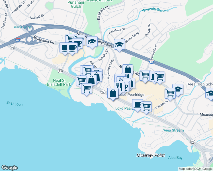 map of restaurants, bars, coffee shops, grocery stores, and more near 98-93 Lokowai Place in Aiea