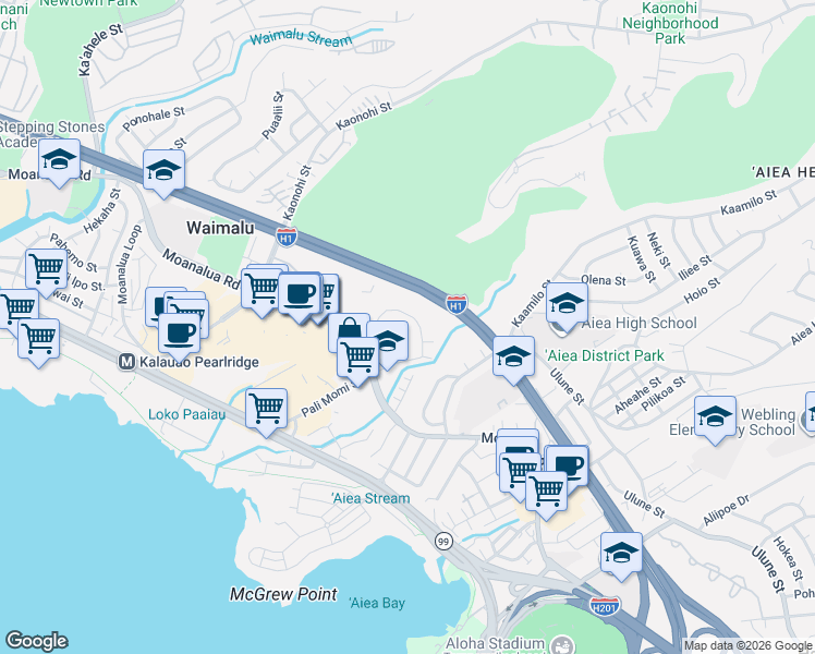 map of restaurants, bars, coffee shops, grocery stores, and more near 98-487 Koauka Loop in Aiea