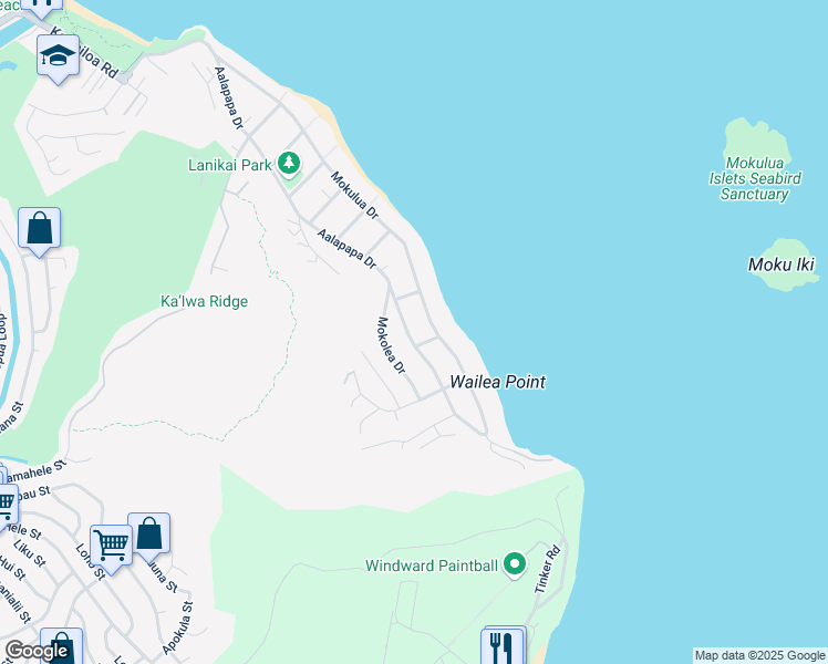 map of restaurants, bars, coffee shops, grocery stores, and more near 1342 Aalapapa Drive in Kailua