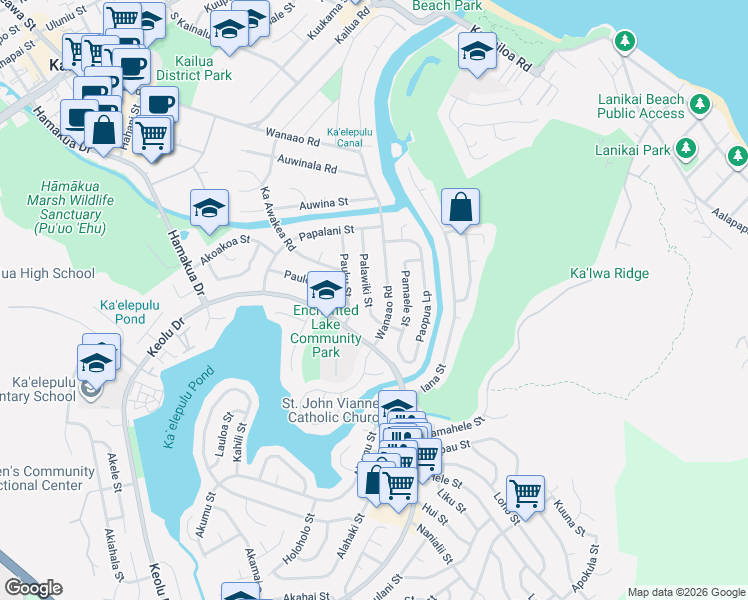 map of restaurants, bars, coffee shops, grocery stores, and more near 616 Palawiki Street in Kailua