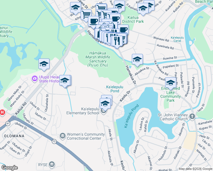 map of restaurants, bars, coffee shops, grocery stores, and more near 275 Akiohala Street in Kailua
