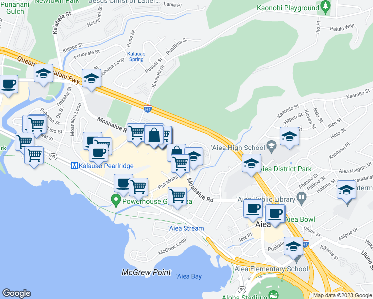 map of restaurants, bars, coffee shops, grocery stores, and more near 98-400 Koauka Loop in Aiea