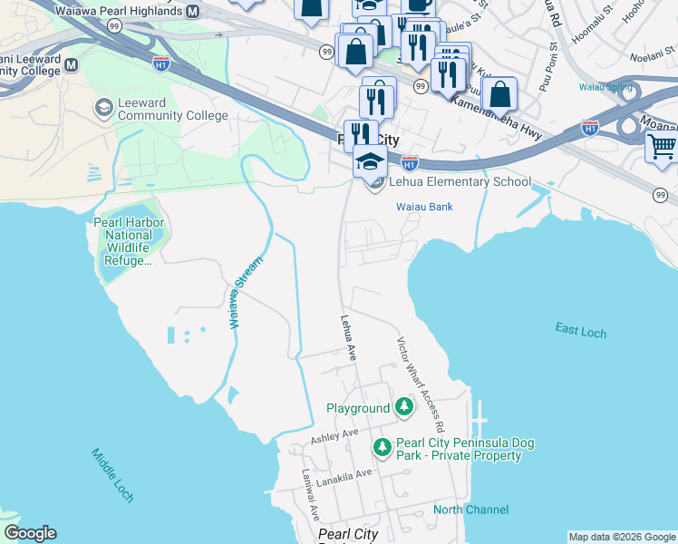 map of restaurants, bars, coffee shops, grocery stores, and more near 697-755 Lehua Ave in Pearl City