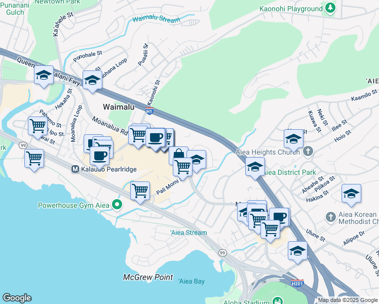 map of restaurants, bars, coffee shops, grocery stores, and more near 98-400 Koauka Loop in Aiea