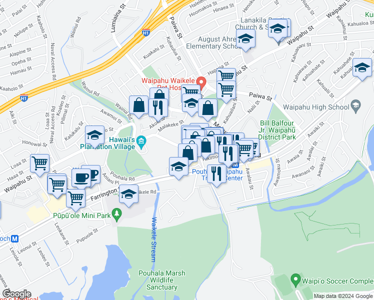 map of restaurants, bars, coffee shops, grocery stores, and more near 94-837 Waipahu Street in Waipahu