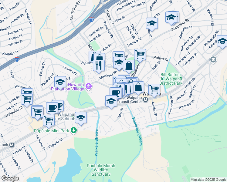 map of restaurants, bars, coffee shops, grocery stores, and more near 94-825 Waipahu Street in Waipahu