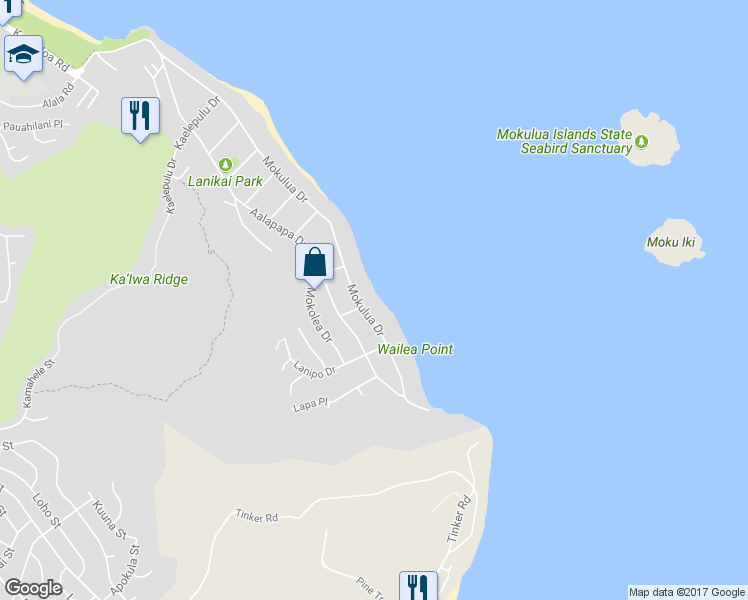 map of restaurants, bars, coffee shops, grocery stores, and more near 1354 Mokulua Drive in Kailua