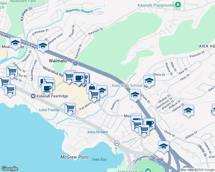 map of restaurants, bars, coffee shops, grocery stores, and more near 98-487 Koauka Loop in Aiea