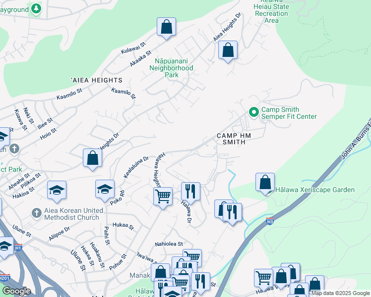 map of restaurants, bars, coffee shops, grocery stores, and more near 99-1110 Halawa Heights Road in Aiea