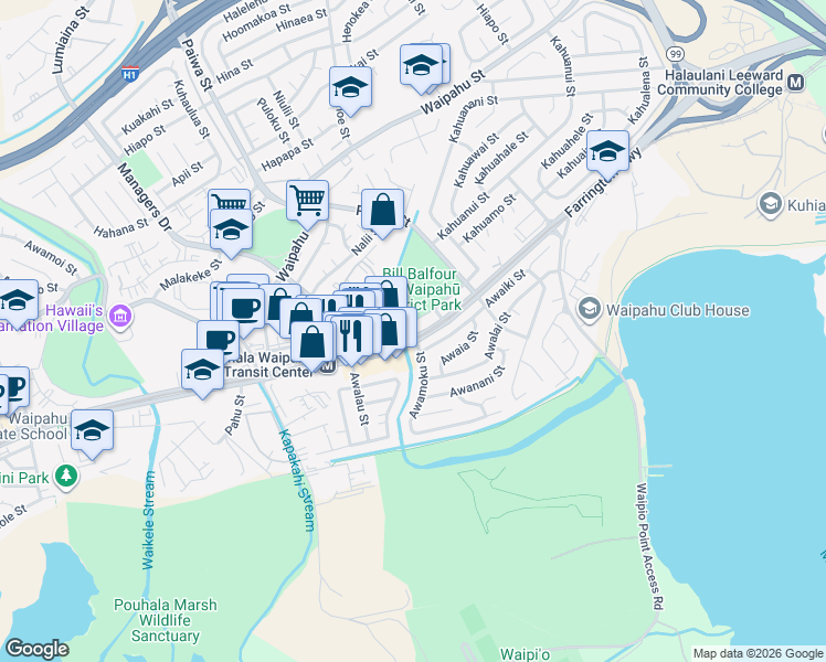 map of restaurants, bars, coffee shops, grocery stores, and more near 34351 Kahuamoku Street in Waipahu