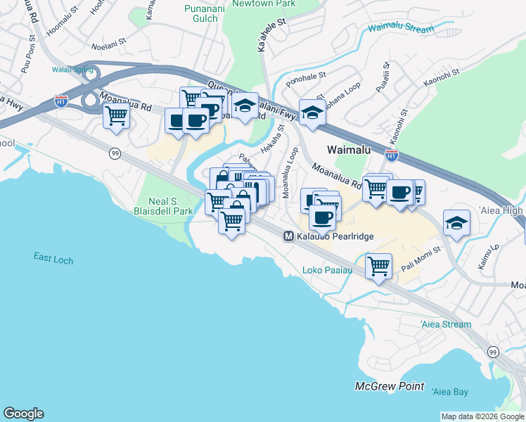 map of restaurants, bars, coffee shops, grocery stores, and more near 98-73 Lokowai Street in Aiea