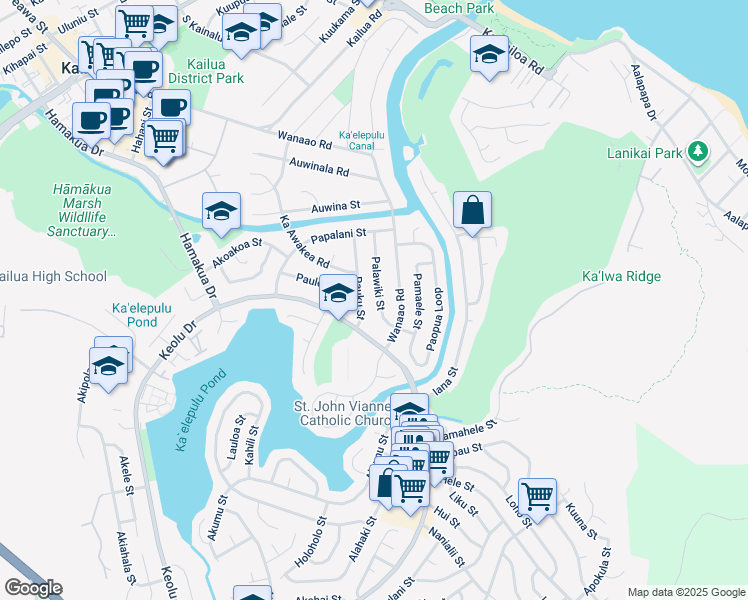 map of restaurants, bars, coffee shops, grocery stores, and more near 616 Palawiki Street in Kailua