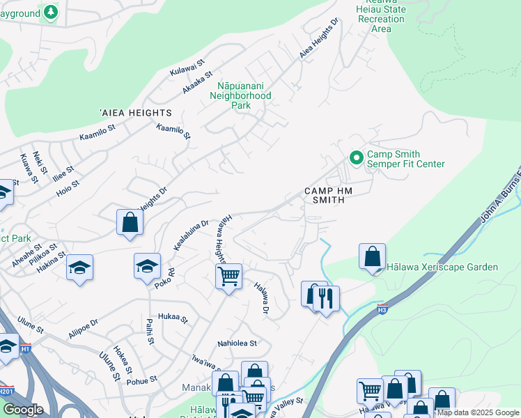 map of restaurants, bars, coffee shops, grocery stores, and more near 99-1110 Halawa Heights Road in Aiea