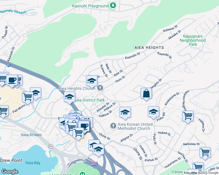 map of restaurants, bars, coffee shops, grocery stores, and more near 99-553 Hoio Street in Aiea