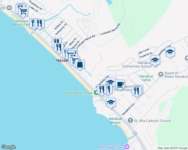map of restaurants, bars, coffee shops, grocery stores, and more near 87-135 Helelua Street in Waianae