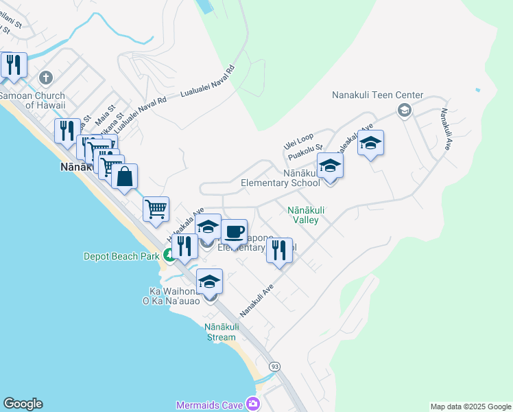 map of restaurants, bars, coffee shops, grocery stores, and more near 89 Haleakala Avenue in Waianae