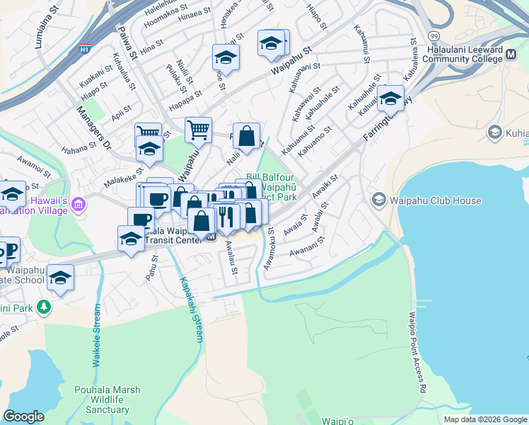 map of restaurants, bars, coffee shops, grocery stores, and more near 34351 Kahuamoku Street in Waipahu