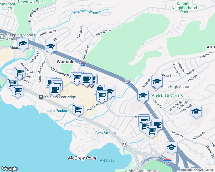 map of restaurants, bars, coffee shops, grocery stores, and more near 98-487 Koauka Loop in Aiea