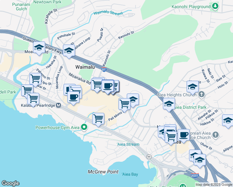 map of restaurants, bars, coffee shops, grocery stores, and more near 98-1040 Moanalua Road in Aiea