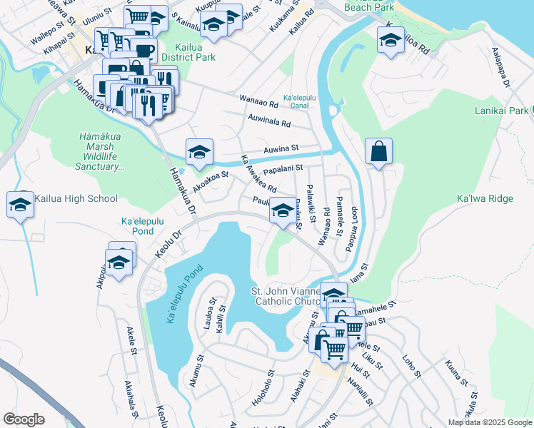 map of restaurants, bars, coffee shops, grocery stores, and more near 719 Keolu Drive in Kailua