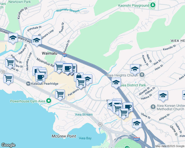 map of restaurants, bars, coffee shops, grocery stores, and more near 98-487 Koauka Loop in Aiea