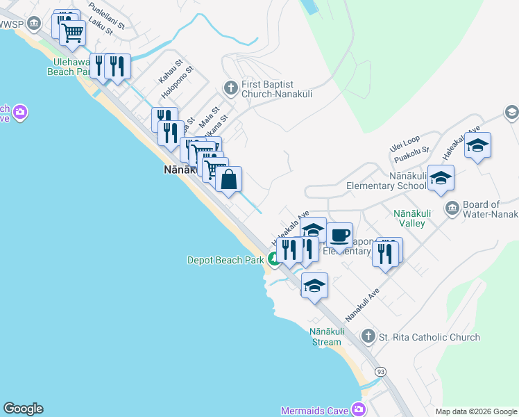 map of restaurants, bars, coffee shops, grocery stores, and more near 87-134 Helelua Street in Waianae