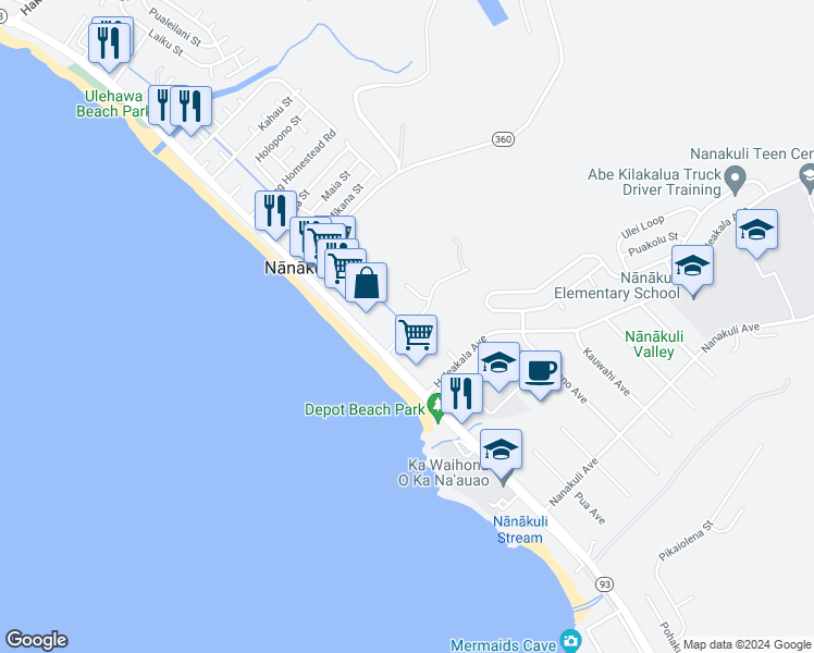 map of restaurants, bars, coffee shops, grocery stores, and more near 87-134 Helelua Street in Waianae