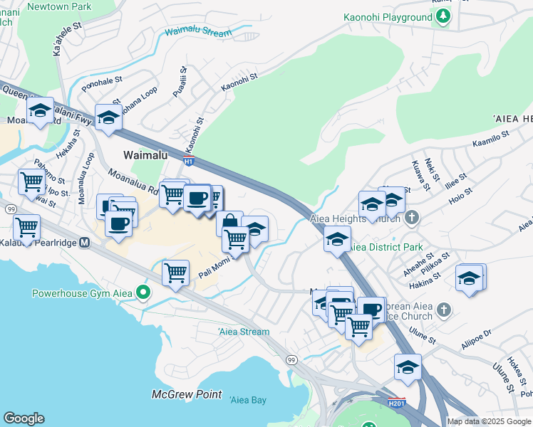 map of restaurants, bars, coffee shops, grocery stores, and more near 98-487 Koauka Loop in Aiea