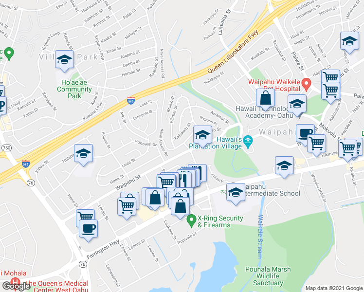 map of restaurants, bars, coffee shops, grocery stores, and more near 94-423 Apowale Street in Waipahu