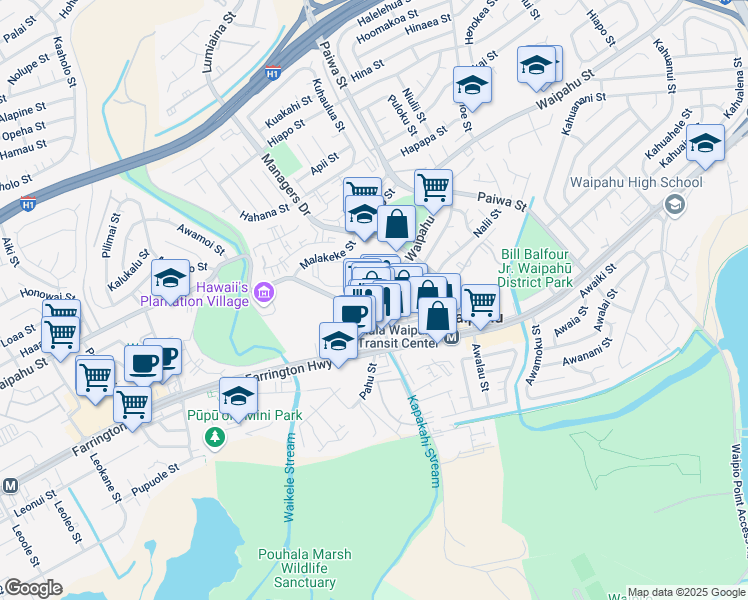 map of restaurants, bars, coffee shops, grocery stores, and more near 94-867 Waipahu Street in Waipahu