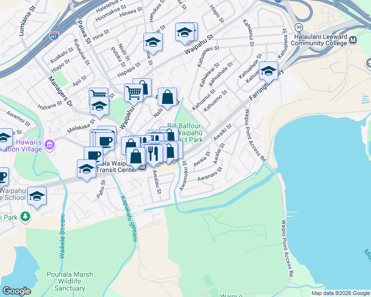 map of restaurants, bars, coffee shops, grocery stores, and more near 94-979 Kahuamoku Street in Waipahu