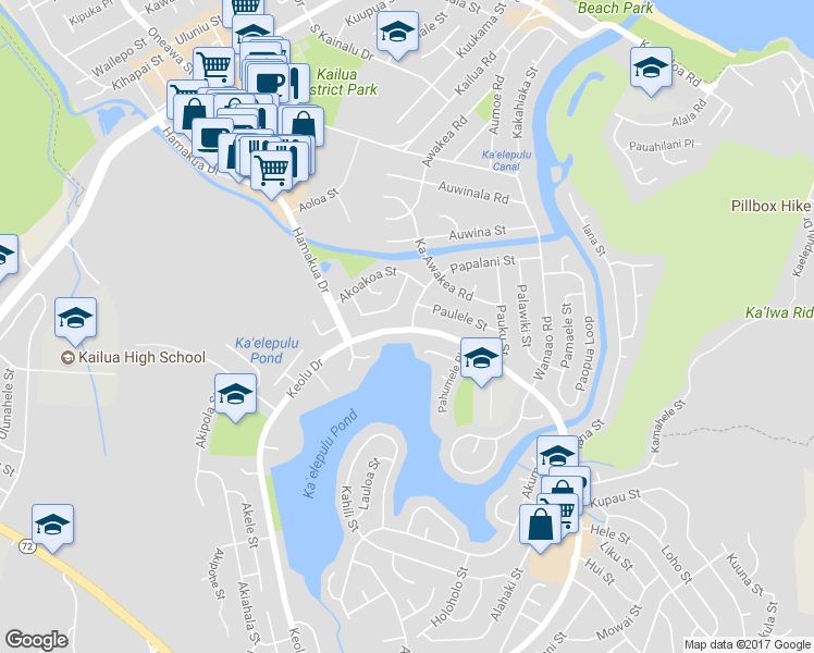 map of restaurants, bars, coffee shops, grocery stores, and more near 646 Papalani Street in Kailua