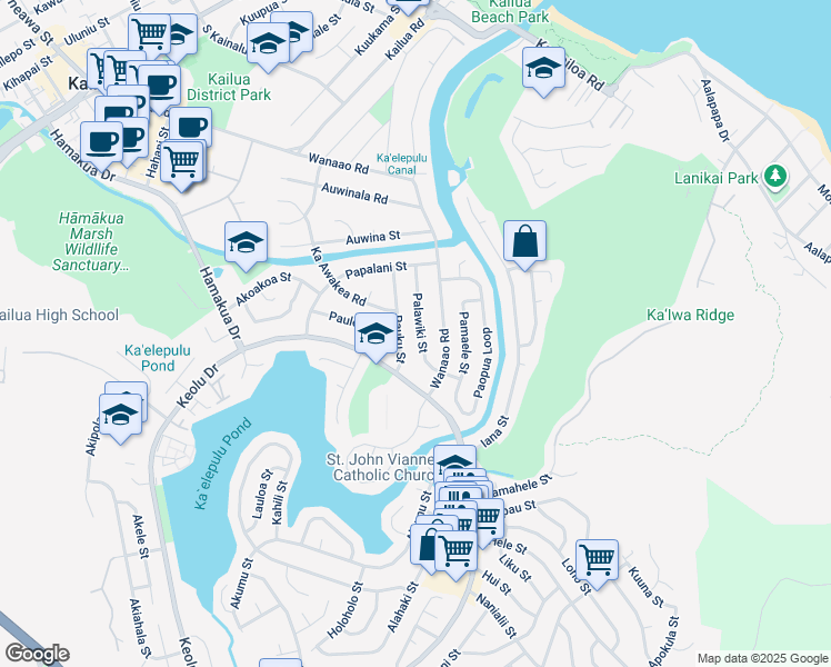 map of restaurants, bars, coffee shops, grocery stores, and more near 616 Palawiki Street in Kailua