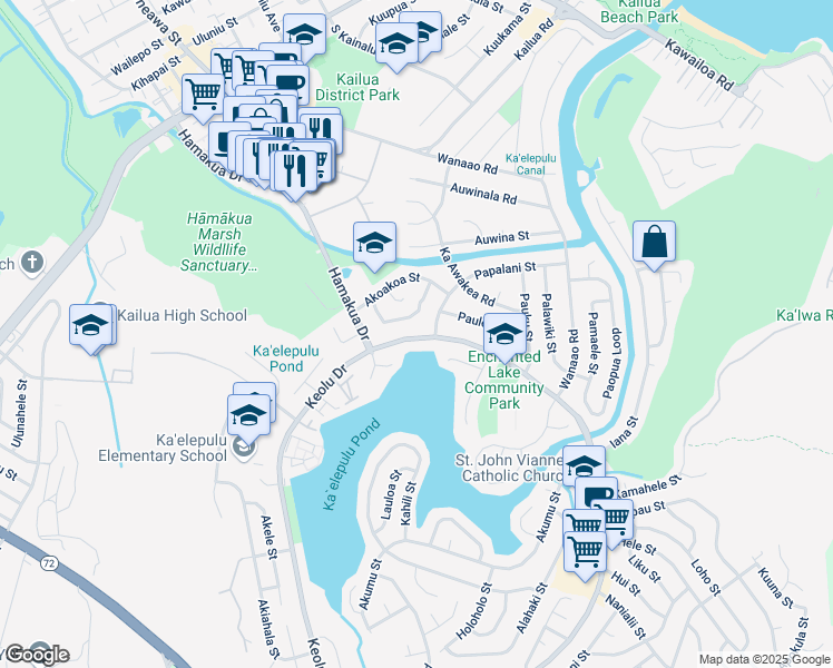 map of restaurants, bars, coffee shops, grocery stores, and more near 646 Papalani Street in Kailua