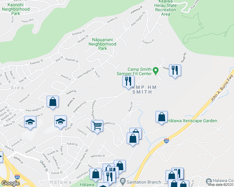 map of restaurants, bars, coffee shops, grocery stores, and more near 99-1110 Halawa Heights Road in Aiea